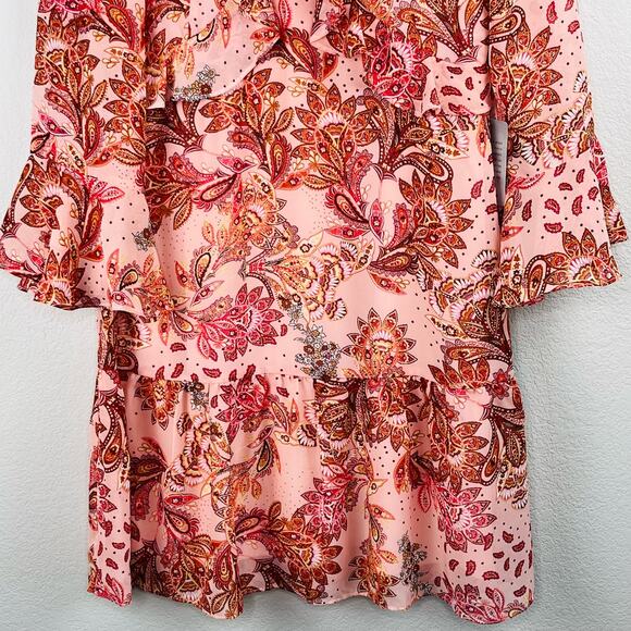 Julia Jordan Ruffled Flounce Bell Sleeve Floral Paisley Pink Midi Dress 10 NWT - Picture 9 of 16